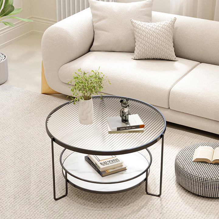 Modern Minimalist Round Iron Eco-Friendly Engineered Wood Glass Coffee Table 2-Tier for Living Room