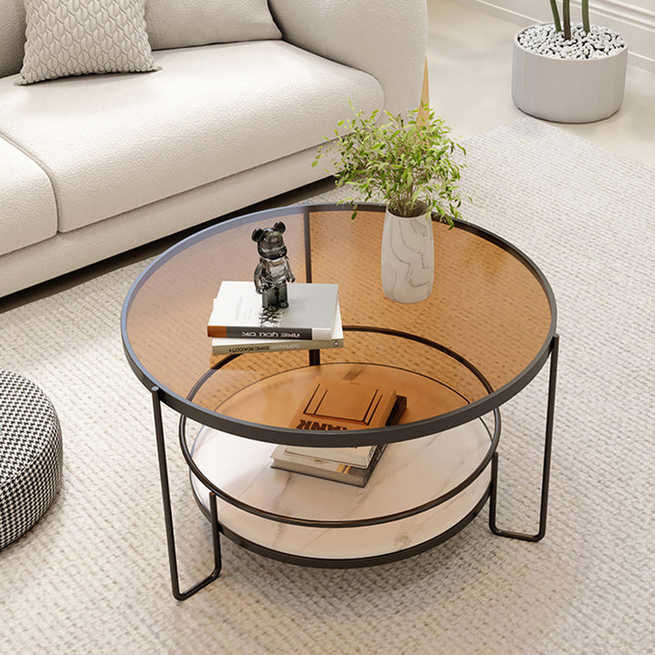 Modern Minimalist Round Iron Eco-Friendly Engineered Wood Glass Coffee Table 2-Tier for Living Room