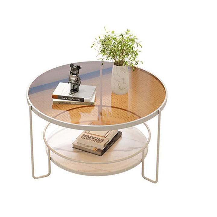 Modern Minimalist Round Iron Eco-Friendly Engineered Wood Glass Coffee Table 2-Tier for Living Room