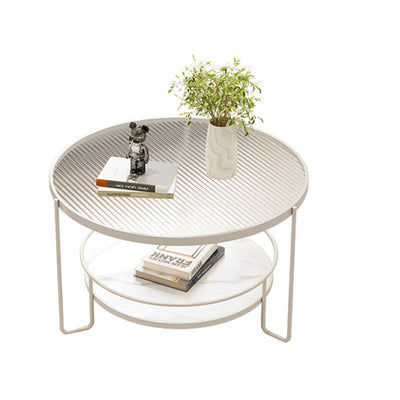 Mesa de café redonda minimalista moderna de hierro con losa de roca de vidrio de 2 niveles para sala de estar 