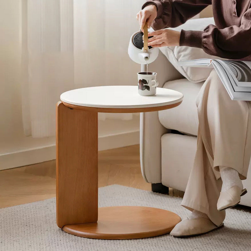Table basse moderne minimaliste ronde en bois de cerisier avec dalle de roche à 2 niveaux pour salon 
