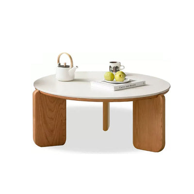 Table basse moderne minimaliste ronde en bois de cerisier avec dalle de roche à 2 niveaux pour salon 
