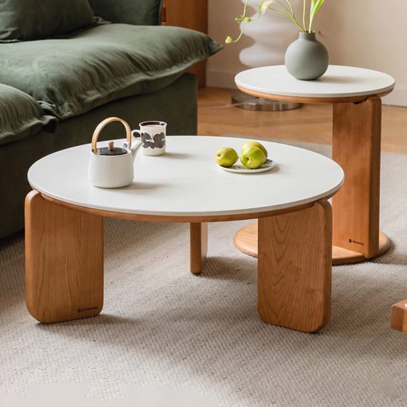 Table basse moderne minimaliste ronde en bois de cerisier avec dalle de roche à 2 niveaux pour salon 