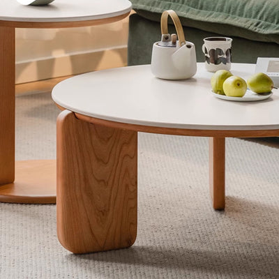 Table basse moderne minimaliste ronde en bois de cerisier avec dalle de roche à 2 niveaux pour salon 