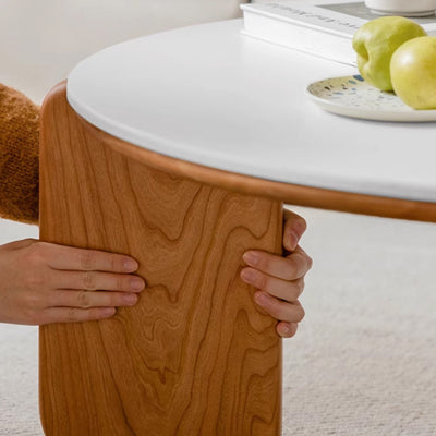 Table basse moderne minimaliste ronde en bois de cerisier avec dalle de roche à 2 niveaux pour salon 