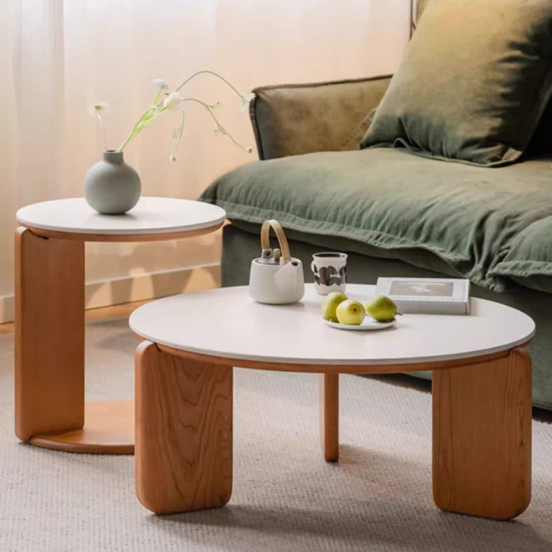 Table basse moderne minimaliste ronde en bois de cerisier avec dalle de roche à 2 niveaux pour salon 