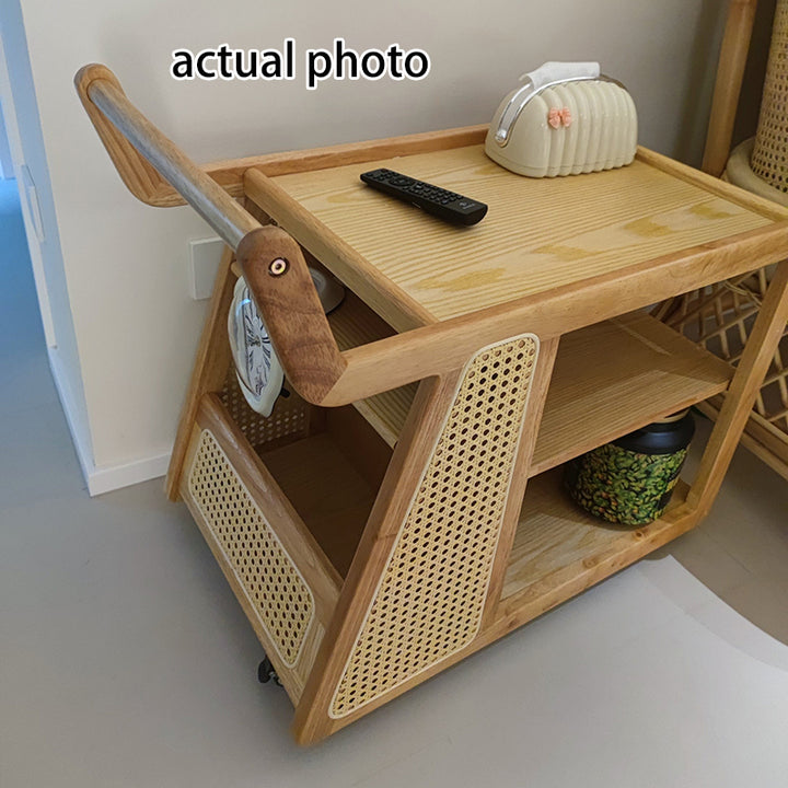 Traditional Farmhouse Weaving Rectangular Trolley Rubber Wood End Table 2-Tier For Living Room