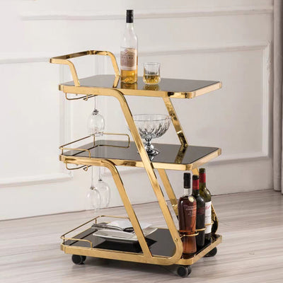 Mesa Auxiliar Moderna de Lujo de Vidrio Reforzado Acero Inoxidable Rectangular Círculo de 3 Niveles Movible para Comedor 