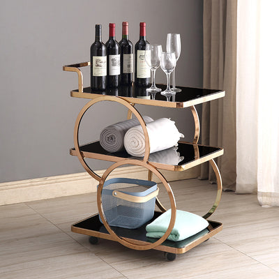 Mesa Auxiliar Moderna de Lujo de Vidrio Reforzado Acero Inoxidable Rectangular Círculo de 3 Niveles Movible para Comedor 