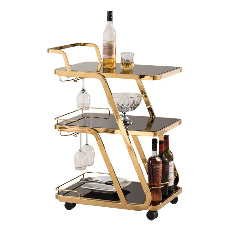 Mesa Auxiliar Moderna de Lujo de Vidrio Reforzado Acero Inoxidable Rectangular Círculo de 3 Niveles Movible para Comedor 