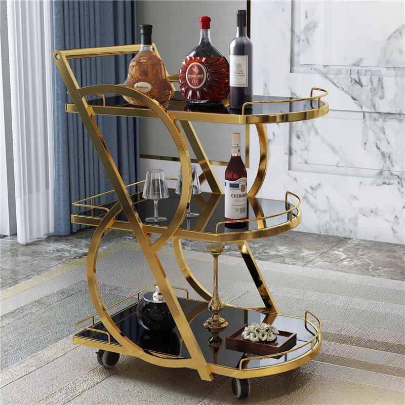 Mesa Auxiliar Moderna de Lujo de Vidrio Reforzado Acero Inoxidable Rectangular Círculo de 3 Niveles Movible para Comedor 
