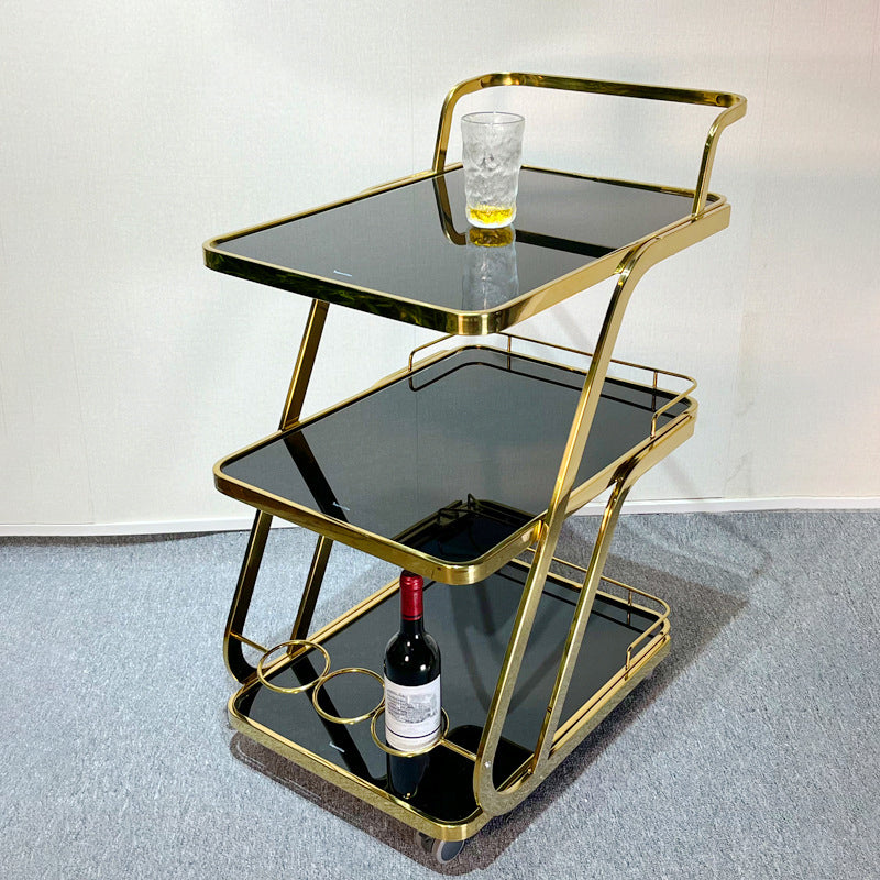 Mesa Auxiliar Moderna de Lujo de Vidrio Reforzado Acero Inoxidable Rectangular Círculo de 3 Niveles Movible para Comedor 