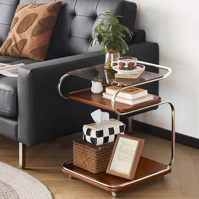 Mesa auxiliar cuadrada de hierro con tablero de densidad de vidrio reforzado retro contemporáneo de 3 niveles, movible para sala de estar 