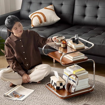 Mesa auxiliar cuadrada de hierro con tablero de densidad de vidrio reforzado retro contemporáneo de 3 niveles, movible para sala de estar 