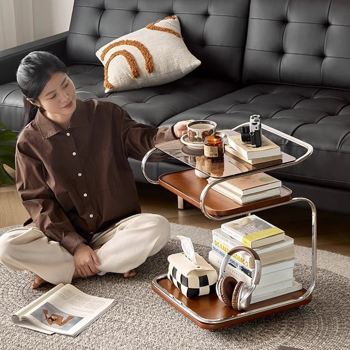 Mesa auxiliar cuadrada de hierro con tablero de densidad de vidrio reforzado retro contemporáneo de 3 niveles, movible para sala de estar 