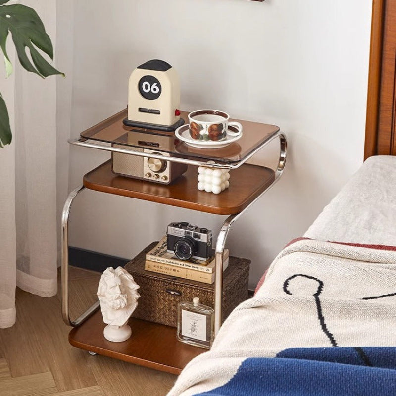 Mesa auxiliar cuadrada de hierro con tablero de densidad de vidrio reforzado retro contemporáneo de 3 niveles, movible para sala de estar 