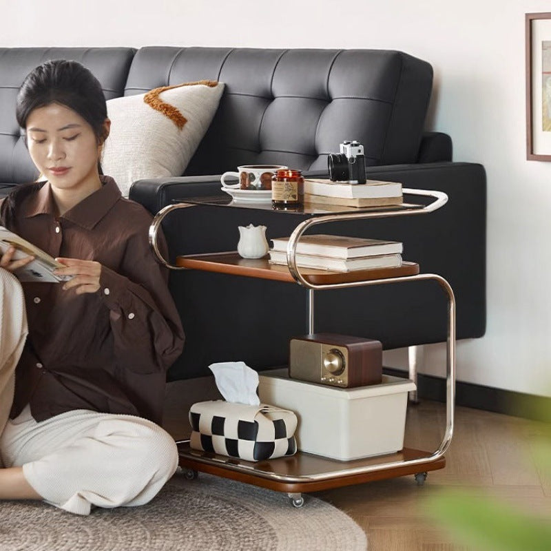 Contemporary Retro Reinforced Glass MDF Iron Square Side Table 3-Tier Movable For Living Room