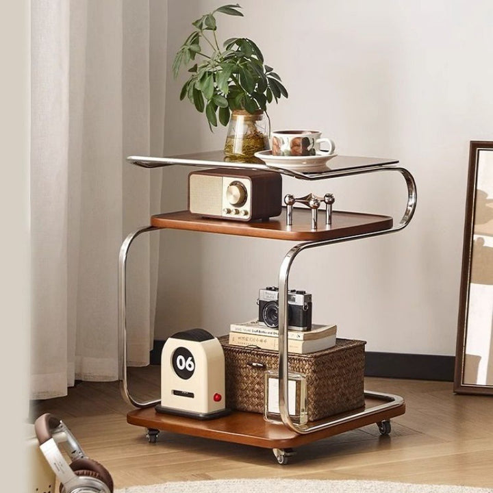 Contemporary Retro Reinforced Glass MDF Iron Square Side Table 3-Tier Movable For Living Room