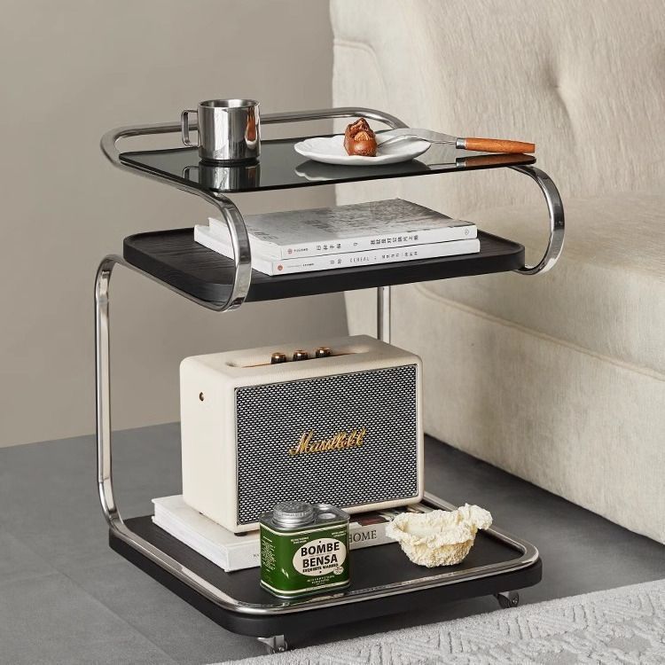 Mesa auxiliar cuadrada de hierro con tablero de densidad de vidrio reforzado retro contemporáneo de 3 niveles, movible para sala de estar 