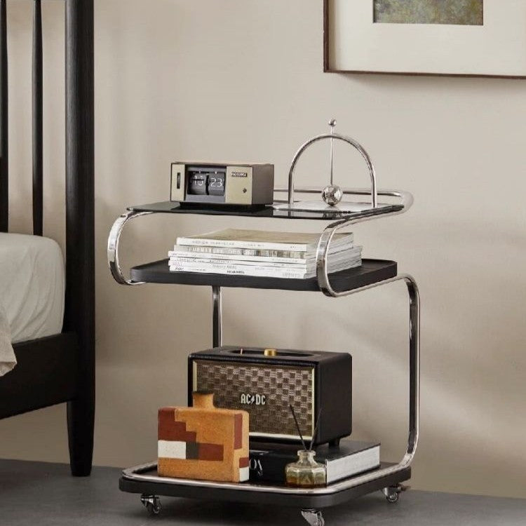 Mesa auxiliar cuadrada de hierro con tablero de densidad de vidrio reforzado retro contemporáneo de 3 niveles, movible para sala de estar 