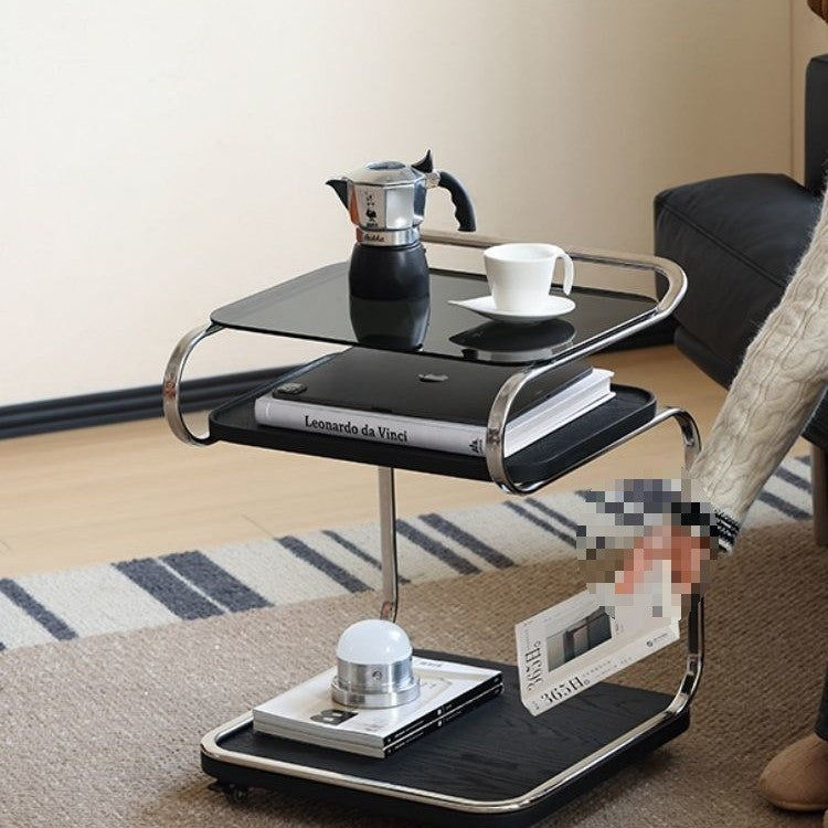 Mesa auxiliar cuadrada de hierro con tablero de densidad de vidrio reforzado retro contemporáneo de 3 niveles, movible para sala de estar 