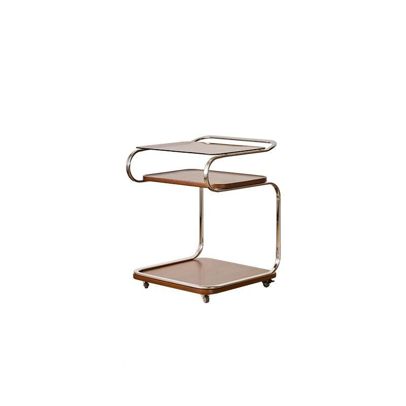 Mesa auxiliar cuadrada de hierro con tablero de densidad de vidrio reforzado retro contemporáneo de 3 niveles, movible para sala de estar 