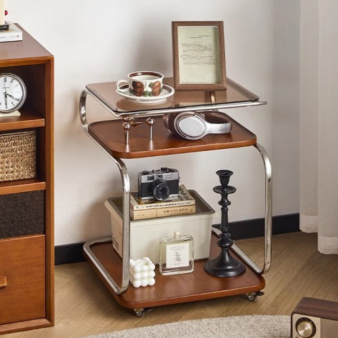 Mesa auxiliar cuadrada de hierro con tablero de densidad de vidrio reforzado retro contemporáneo de 3 niveles, movible para sala de estar 