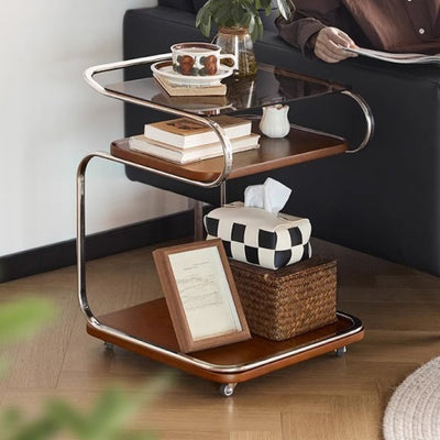 Mesa auxiliar cuadrada de hierro con tablero de densidad de vidrio reforzado retro contemporáneo de 3 niveles, movible para sala de estar 