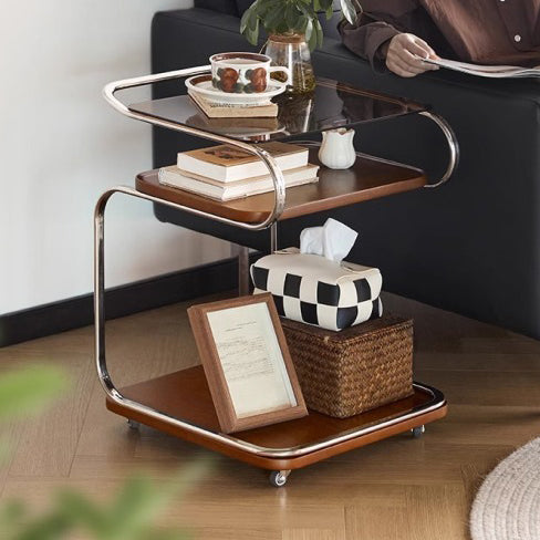 Mesa auxiliar cuadrada de hierro con tablero de densidad de vidrio reforzado retro contemporáneo de 3 niveles, movible para sala de estar 