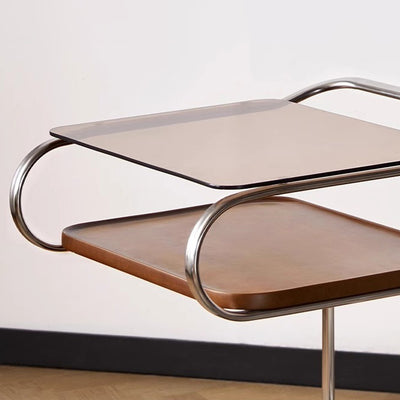 Mesa auxiliar cuadrada de hierro con tablero de densidad de vidrio reforzado retro contemporáneo de 3 niveles, movible para sala de estar 
