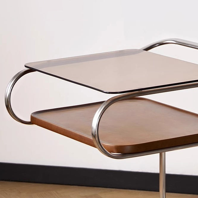 Mesa auxiliar cuadrada de hierro con tablero de densidad de vidrio reforzado retro contemporáneo de 3 niveles, movible para sala de estar 