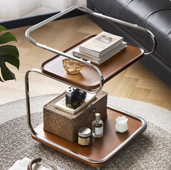 Mesa auxiliar cuadrada de hierro con tablero de densidad de vidrio reforzado retro contemporáneo de 3 niveles, movible para sala de estar 