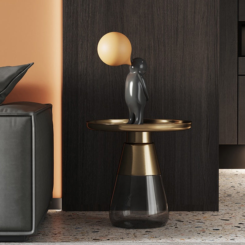Zeitgenössischer skandinavischer runder Metall-Glas-Couchtisch mit 1-Tablett-Aufbewahrung für das Wohnzimmer 