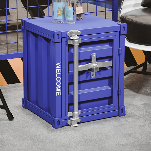 Mesa auxiliar contemporánea de hierro industrial en forma de cuboide con contenedor de almacenamiento de 2 niveles para dormitorio 