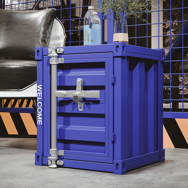 Mesa auxiliar contemporánea de hierro industrial en forma de cuboide con contenedor de almacenamiento de 2 niveles para dormitorio 