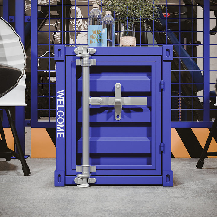 Mesa auxiliar contemporánea de hierro industrial en forma de cuboide con contenedor de almacenamiento de 2 niveles para dormitorio 