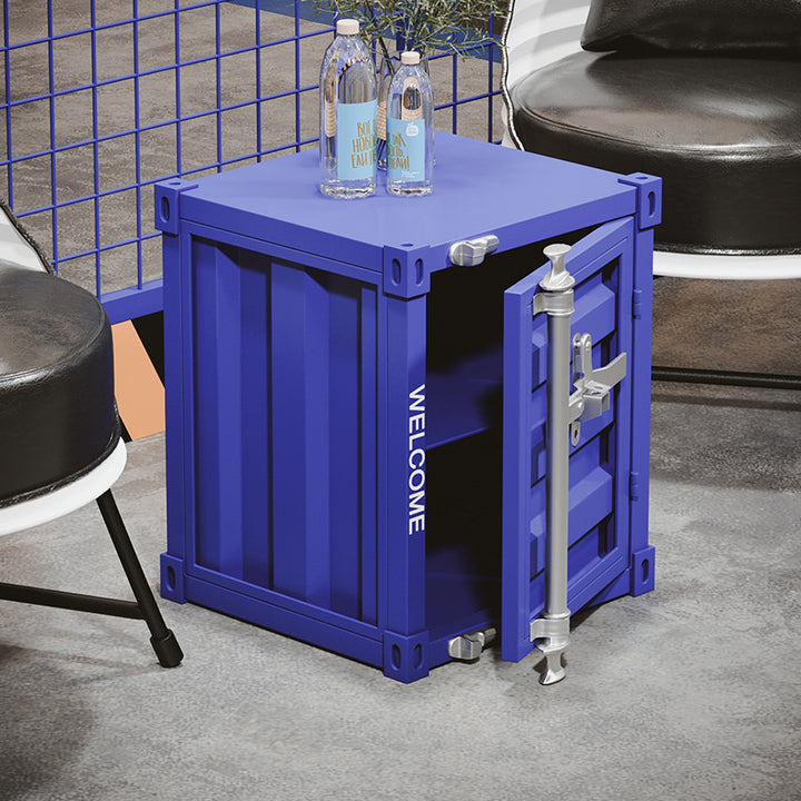 Mesa auxiliar contemporánea de hierro industrial en forma de cuboide con contenedor de almacenamiento de 2 niveles para dormitorio 