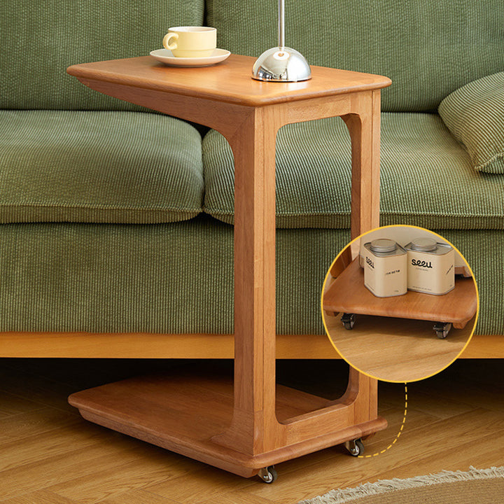 Modern Simplicity C-Shaped Rectangular Hollowed Red Oak Wood End Table Movable 2-Tier For Living Room