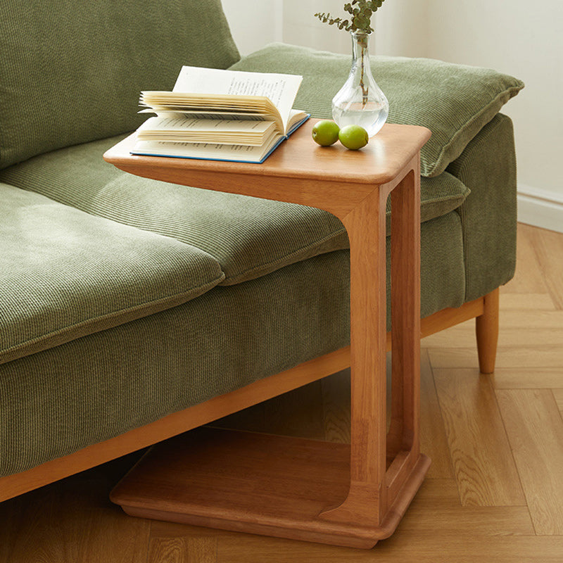 Modern Simplicity C-Shaped Rectangular Hollowed Red Oak Wood End Table Movable 2-Tier For Living Room