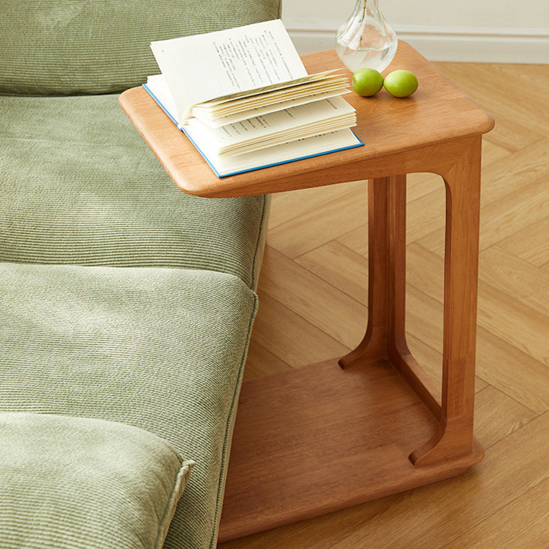 Modern Simplicity C-Shaped Rectangular Hollowed Red Oak Wood End Table Movable 2-Tier For Living Room