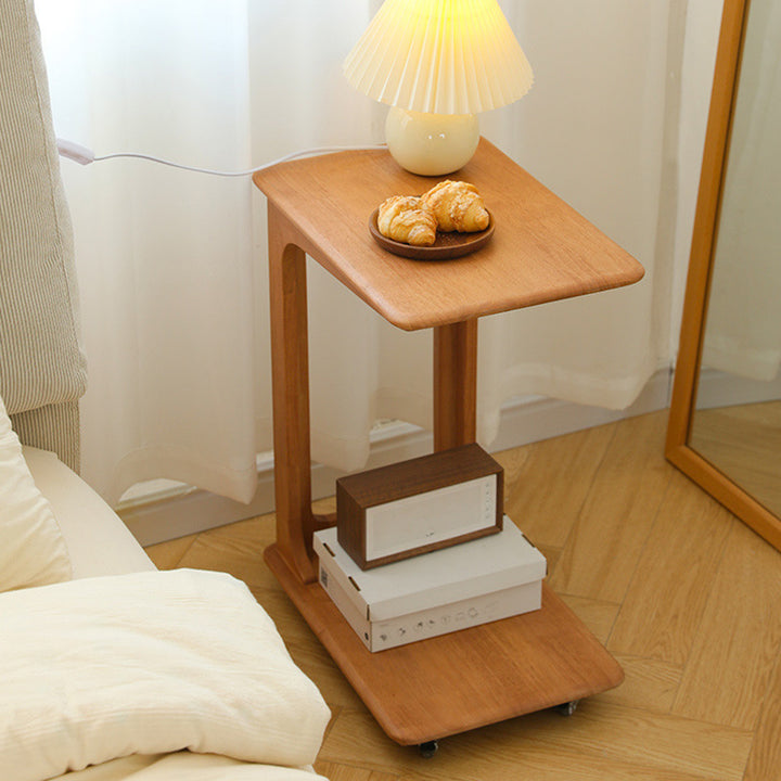 Modern Simplicity C-Shaped Rectangular Hollowed Red Oak Wood End Table Movable 2-Tier For Living Room