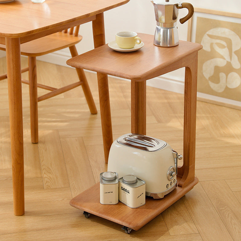 Modern Simplicity C-Shaped Rectangular Hollowed Red Oak Wood End Table Movable 2-Tier For Living Room