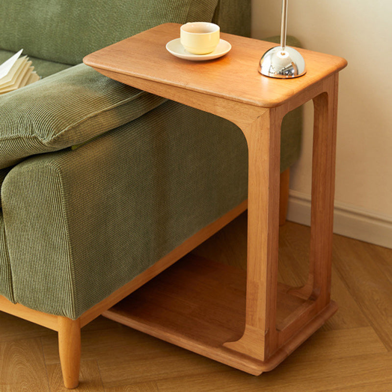 Modern Simplicity C-Shaped Rectangular Hollowed Red Oak Wood End Table Movable 2-Tier For Living Room