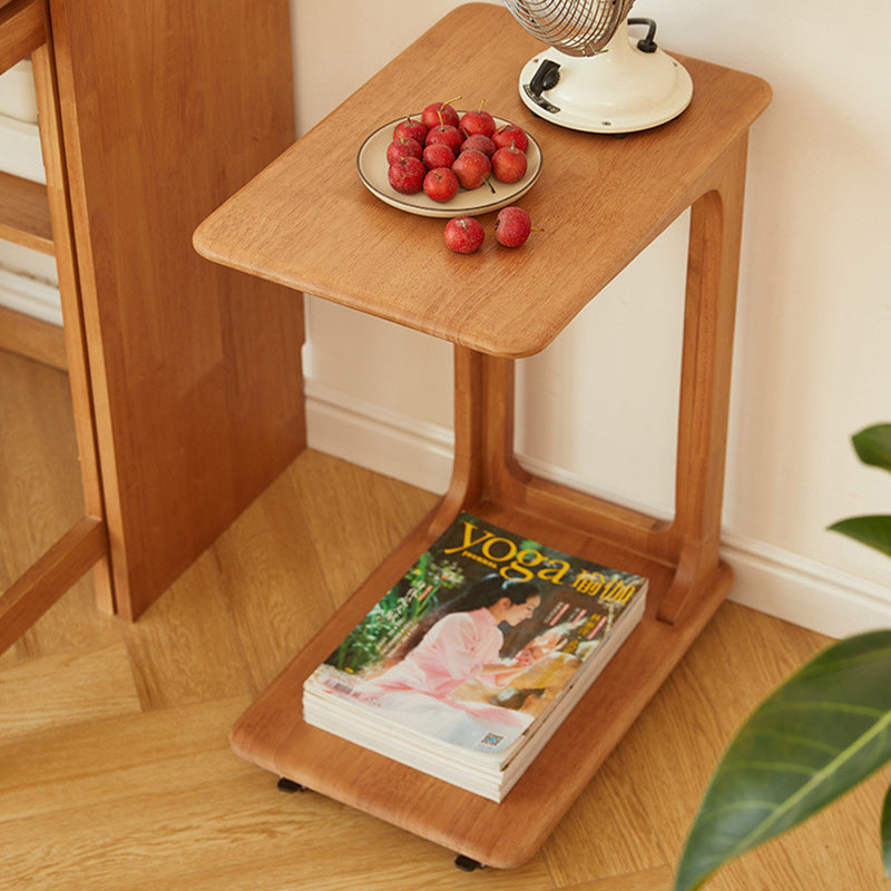Modern Simplicity C-Shaped Rectangular Hollowed Red Oak Wood End Table Movable 2-Tier For Living Room