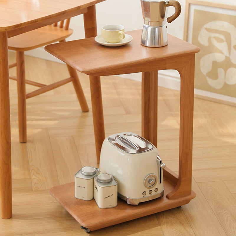 Modern Simplicity C-Shaped Rectangular Hollowed Red Oak Wood End Table Movable 2-Tier For Living Room