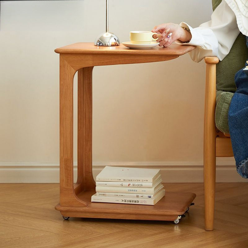 Modern Simplicity C-Shaped Rectangular Hollowed Red Oak Wood End Table Movable 2-Tier For Living Room