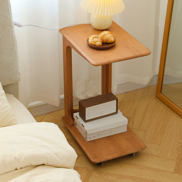 Modern Simplicity C-Shaped Rectangular Hollowed Red Oak Wood End Table Movable 2-Tier For Living Room