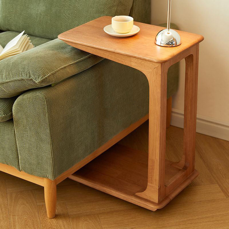 Modern Simplicity C-Shaped Rectangular Hollowed Red Oak Wood End Table Movable 2-Tier For Living Room