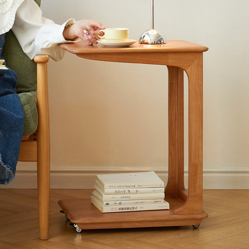 Modern Simplicity C-Shaped Rectangular Hollowed Red Oak Wood End Table Movable 2-Tier For Living Room