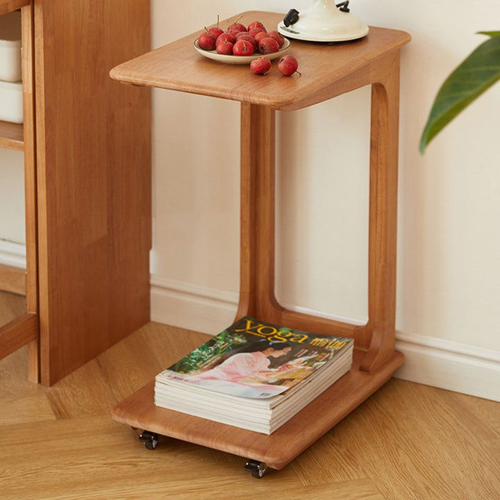 Modern Simplicity C-Shaped Rectangular Hollowed Red Oak Wood End Table Movable 2-Tier For Living Room